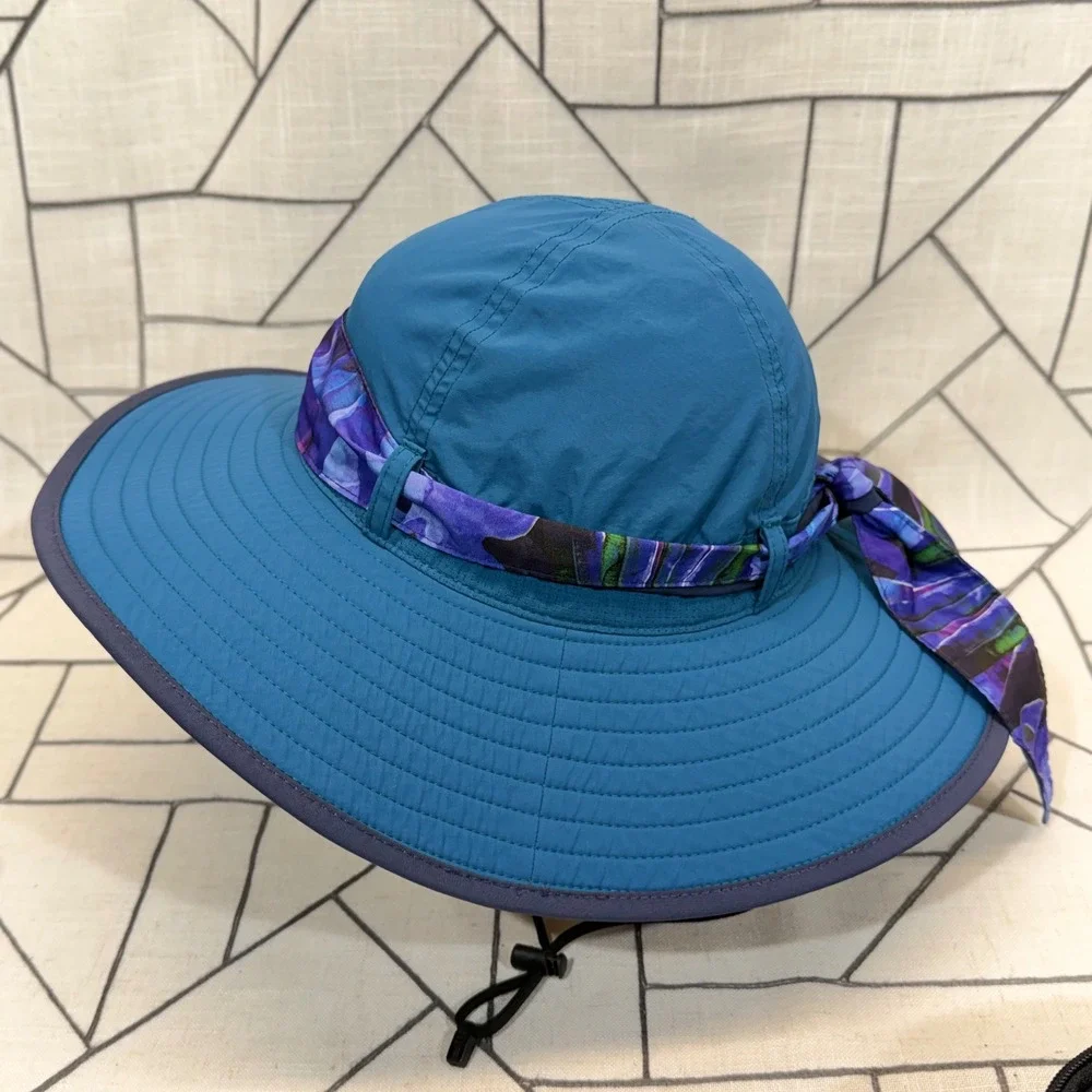 Sunday Afternoons Sun Hat One Size Teal Blue Floral Sash Wide Brim Hiking Hat